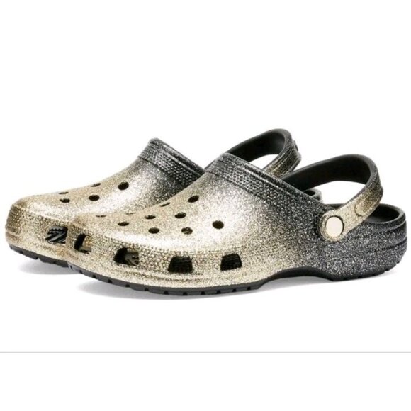 New! CROCS Classic Ombre Glitter Clog Black Gold Flats Slides Clogs Shoes W 7 - Picture 1 of 10